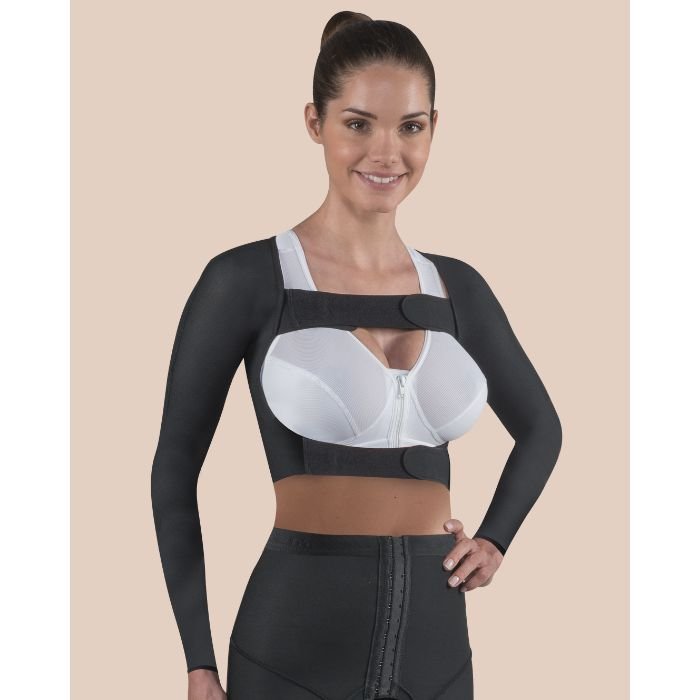 Medical-grade Coolmax Elegance arm sleeves post-operative arm lift brachioplasty compression recovery professional.