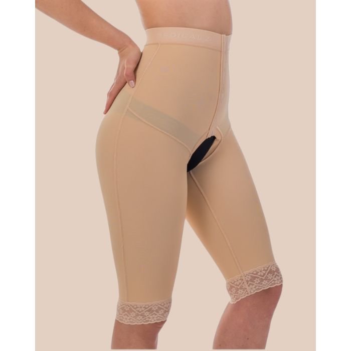 Medical-grade Coolmax Elegance short compression garment, waist high above knees, post-operative professional care