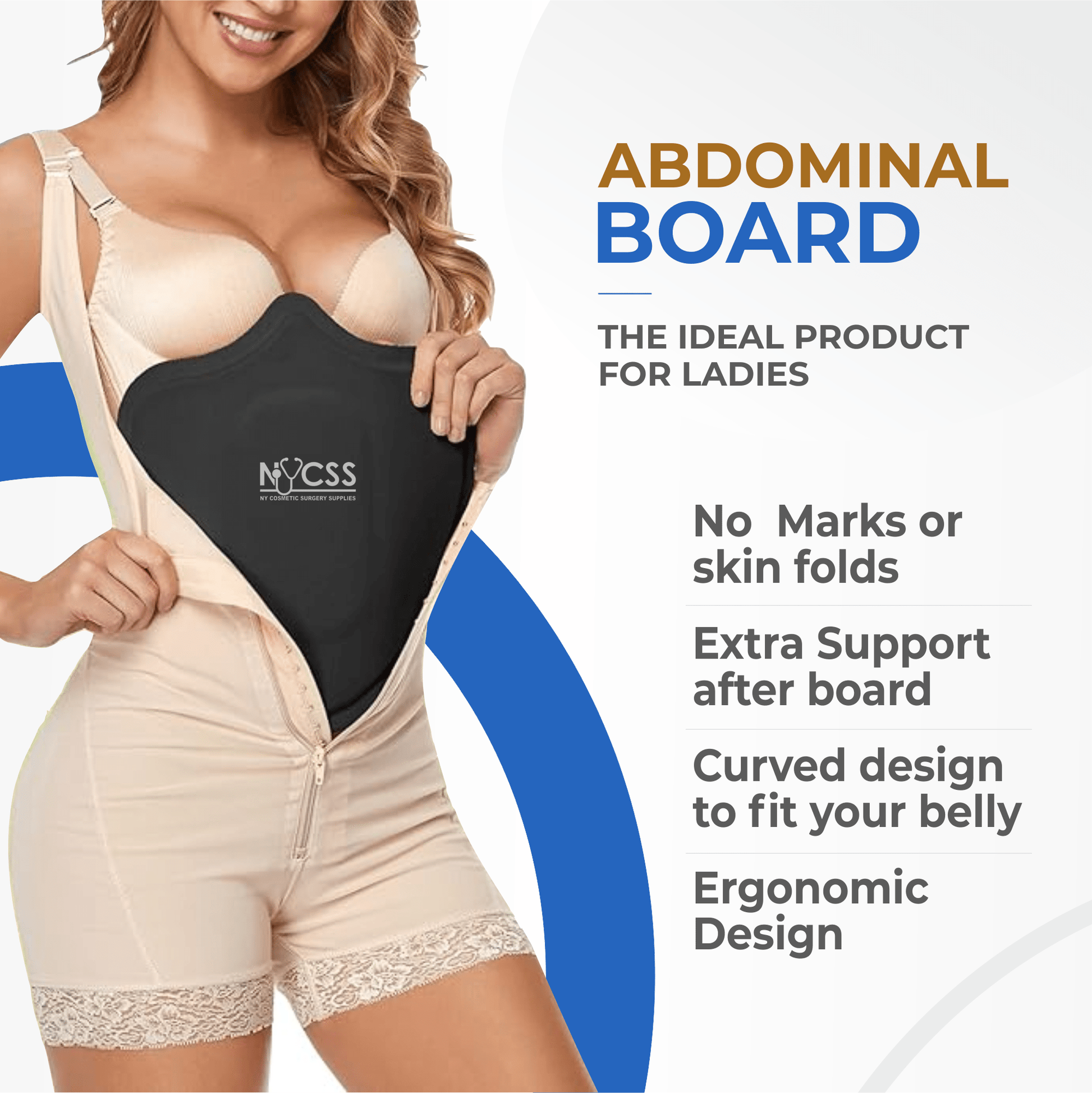 Medical-grade abdominal board post-op support compression, abdominoplasty liposuction recovery, professional care