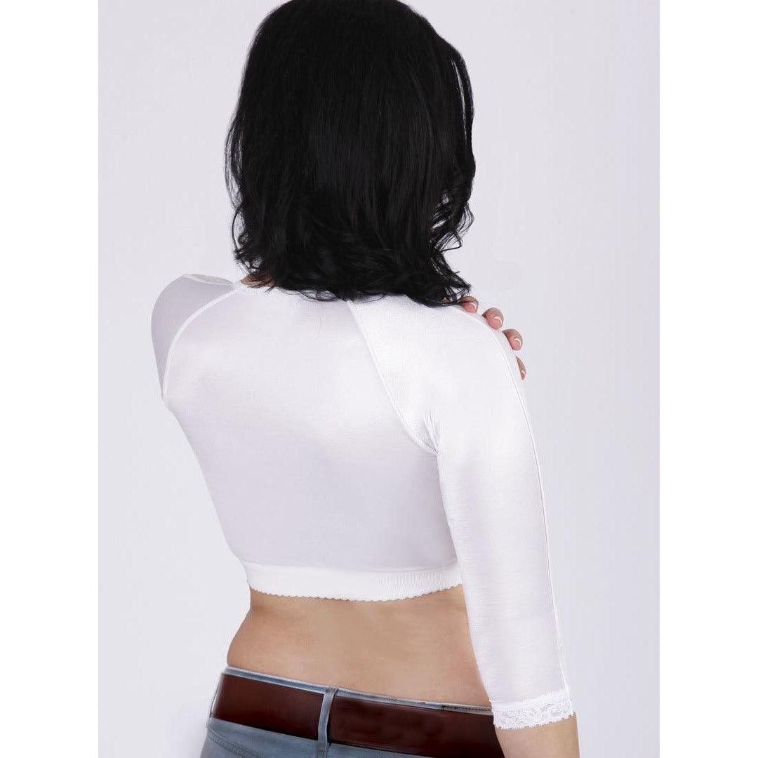 Female bra vest with sleeves, medical-grade compression, breast surgery, mastopexy, reconstruction, recovery garment