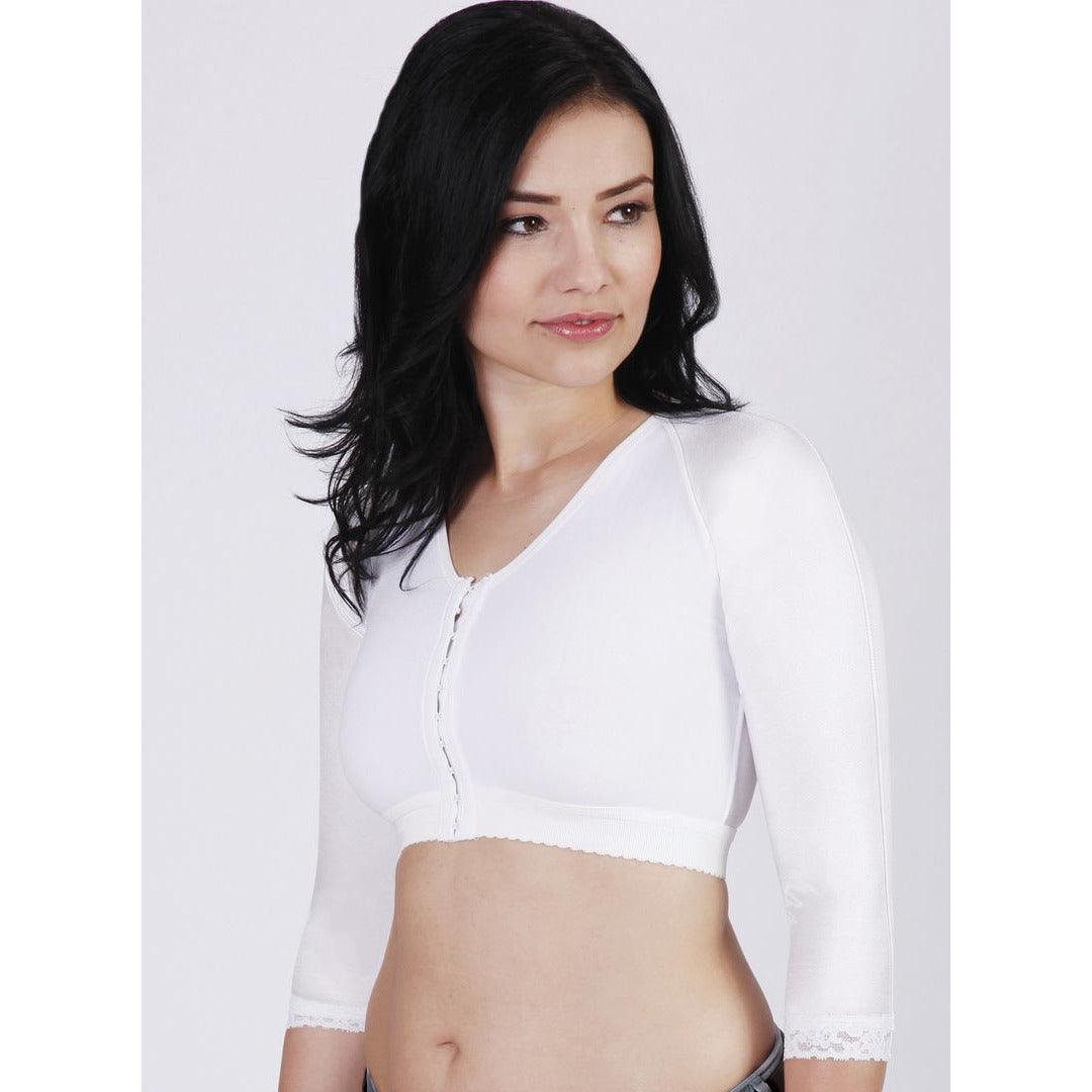 Female bra vest with sleeves, medical-grade compression, breast surgery, mastopexy, reconstruction, recovery garment