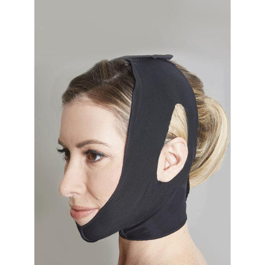 Medical-grade high compression two strap neck facial support ear openings post-operative recovery professional
