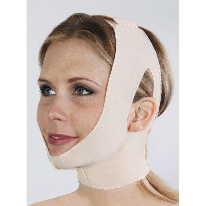 Medical-grade high compression two strap neck facial support ear openings post-operative recovery professional