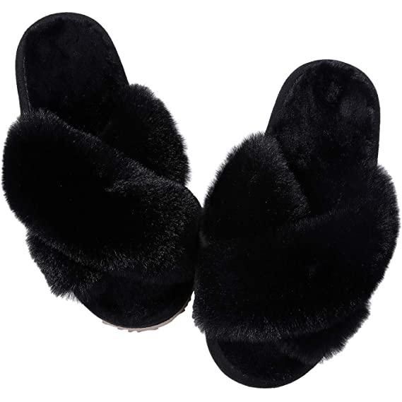 Soft Plush Cross Band Open Toe Slippers Women