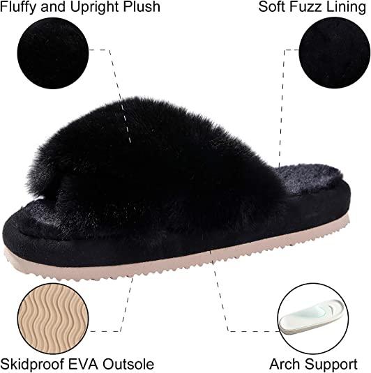 Soft Plush Cross Band Open Toe Slippers Women